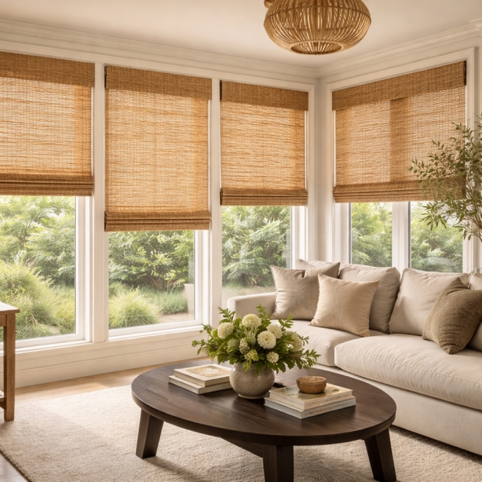 Woven wood shades installed in a bright room