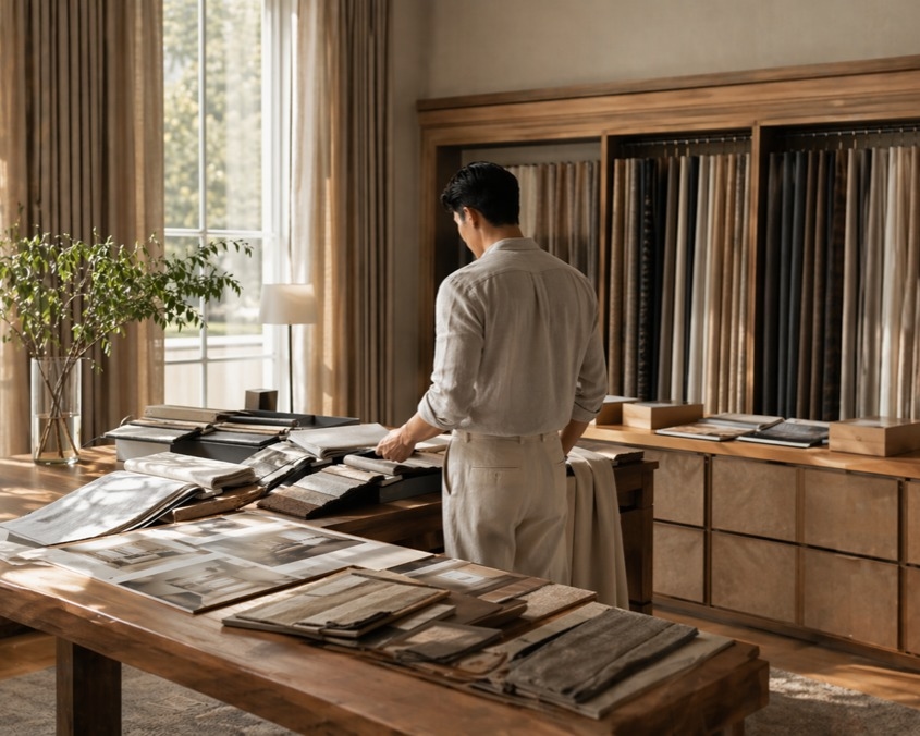 Designer selecting materials in a showroom