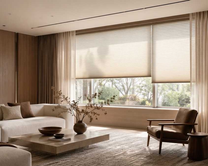 Pleated shades in a living room
