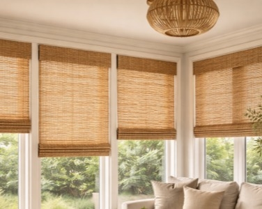 Woven shades in a bright room