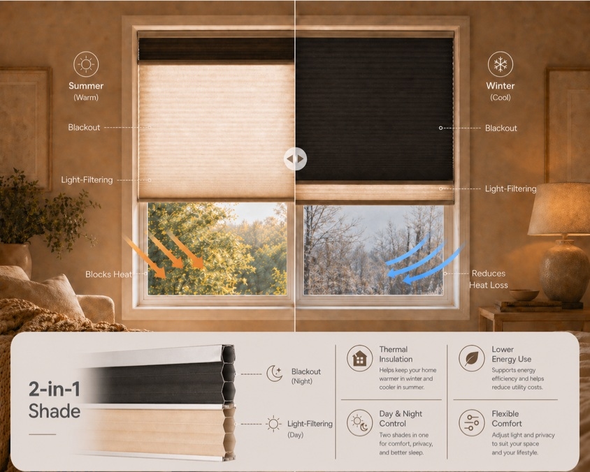 Energy efficient 2-in-1 shade insulation