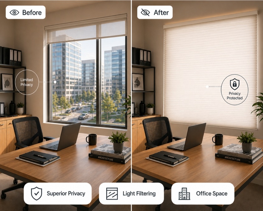 Privacy before and after with room darkening shades