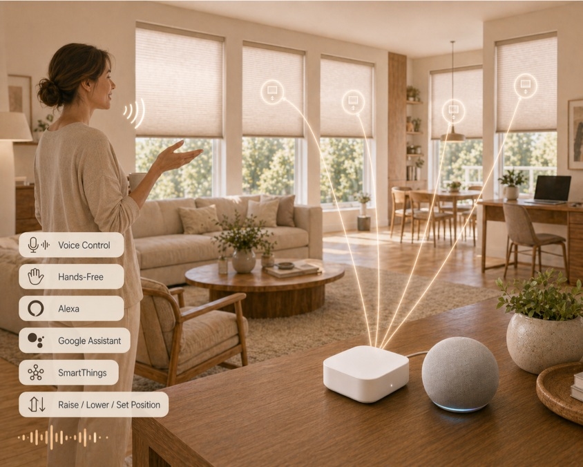 Voice control motorized shades with smart hub