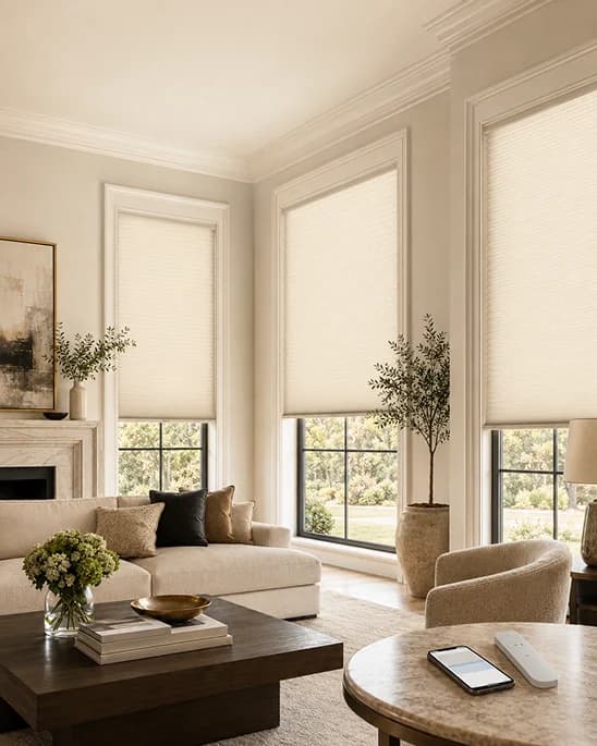 Luxury living room with motorized shades