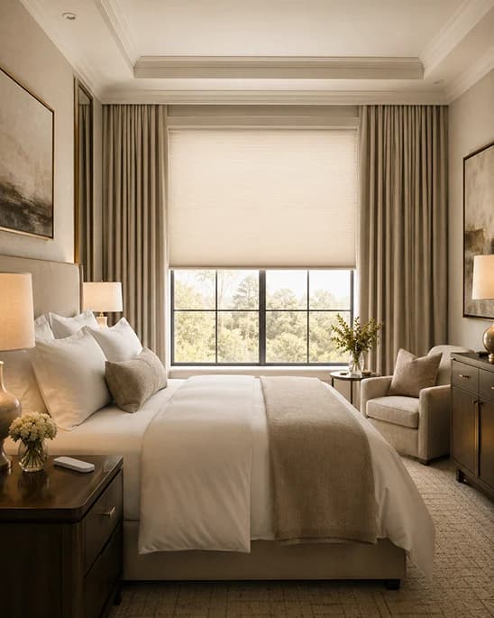 Hotel guest room with motorized room-darkening shades
