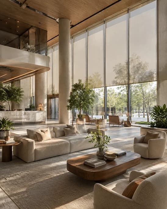 Commercial lobby project with tall motorized shades