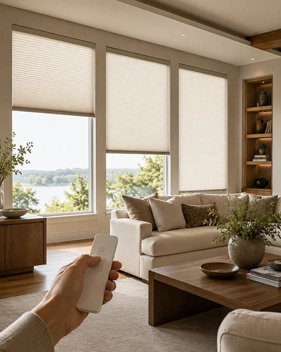 Motorized shades in a living room with child and pet