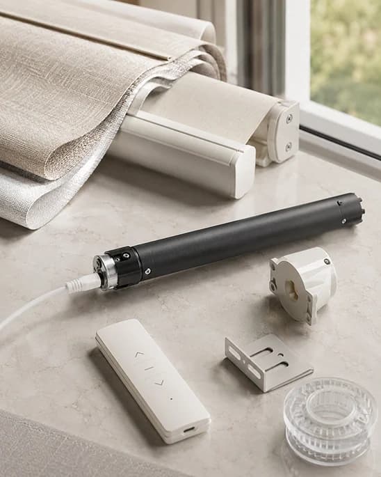 Motor, remote, and power parts for motorized shades