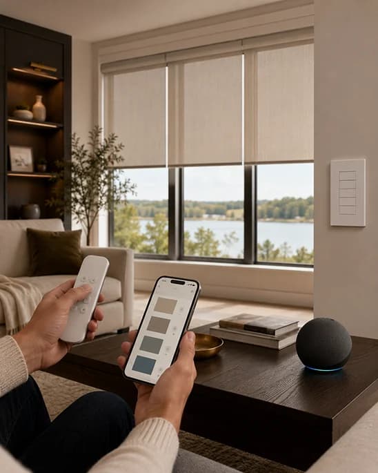 Remote, app, voice, and wall switch motorized shade control