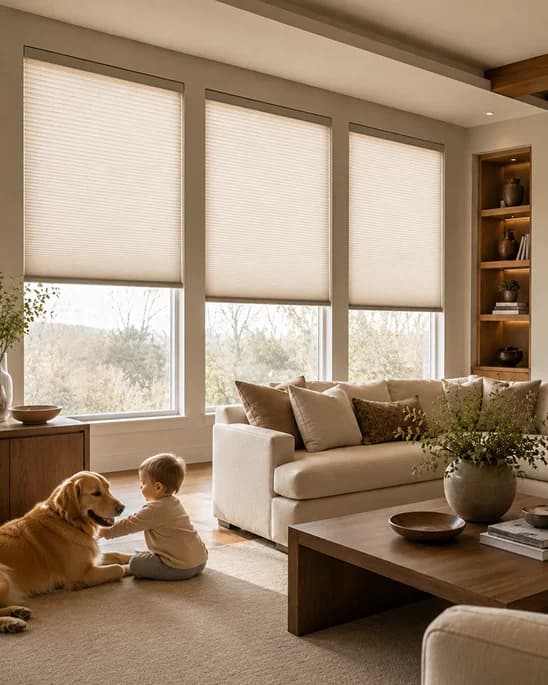 Motorized cellular shades for tall residential windows