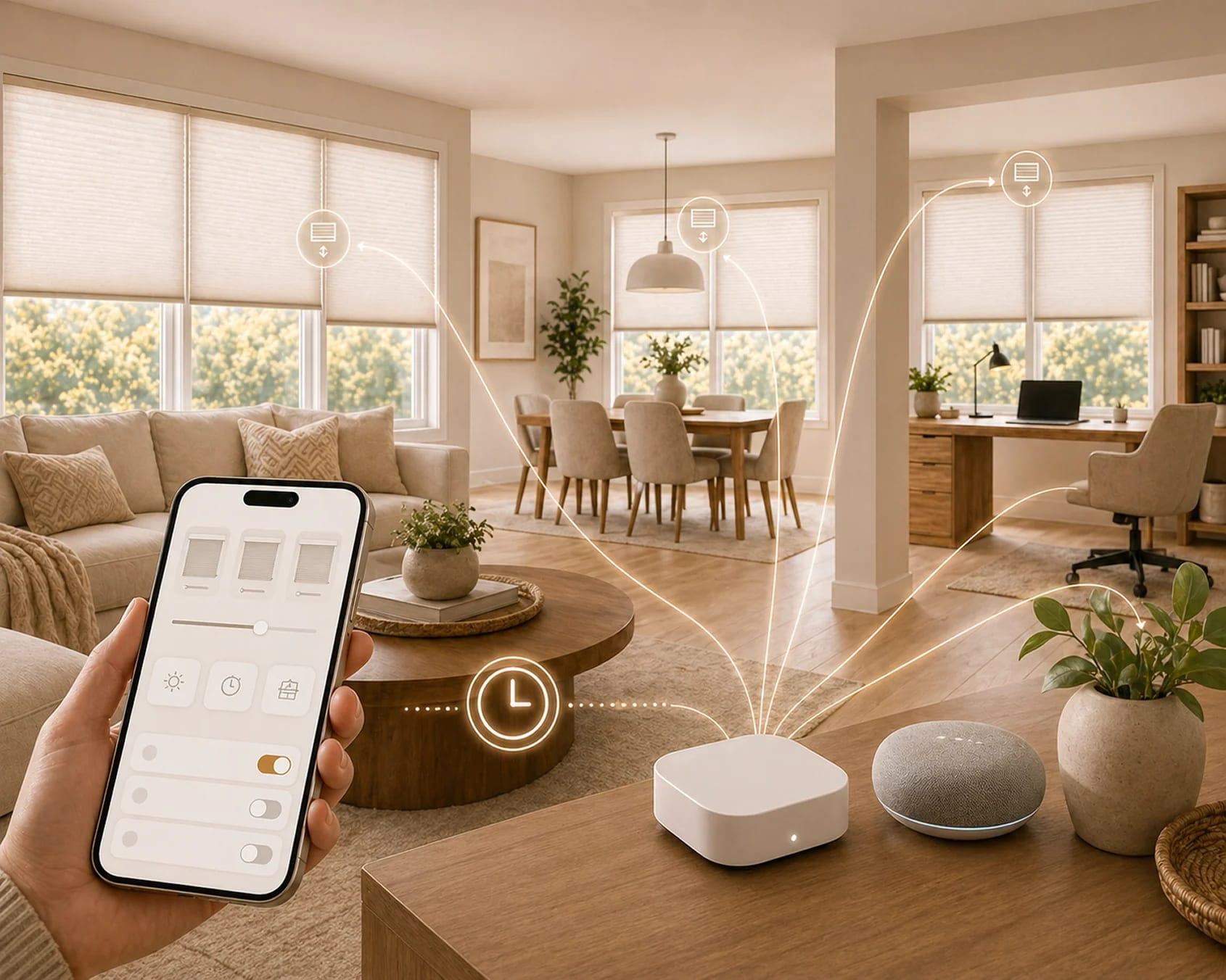 Motorized shades controlled by app, hub, remote, and voice devices