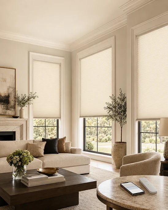 Luxury living room with motorized shades