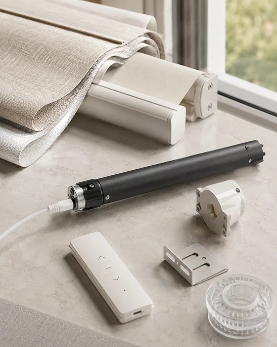 Motor, remote, and power parts for motorized shades